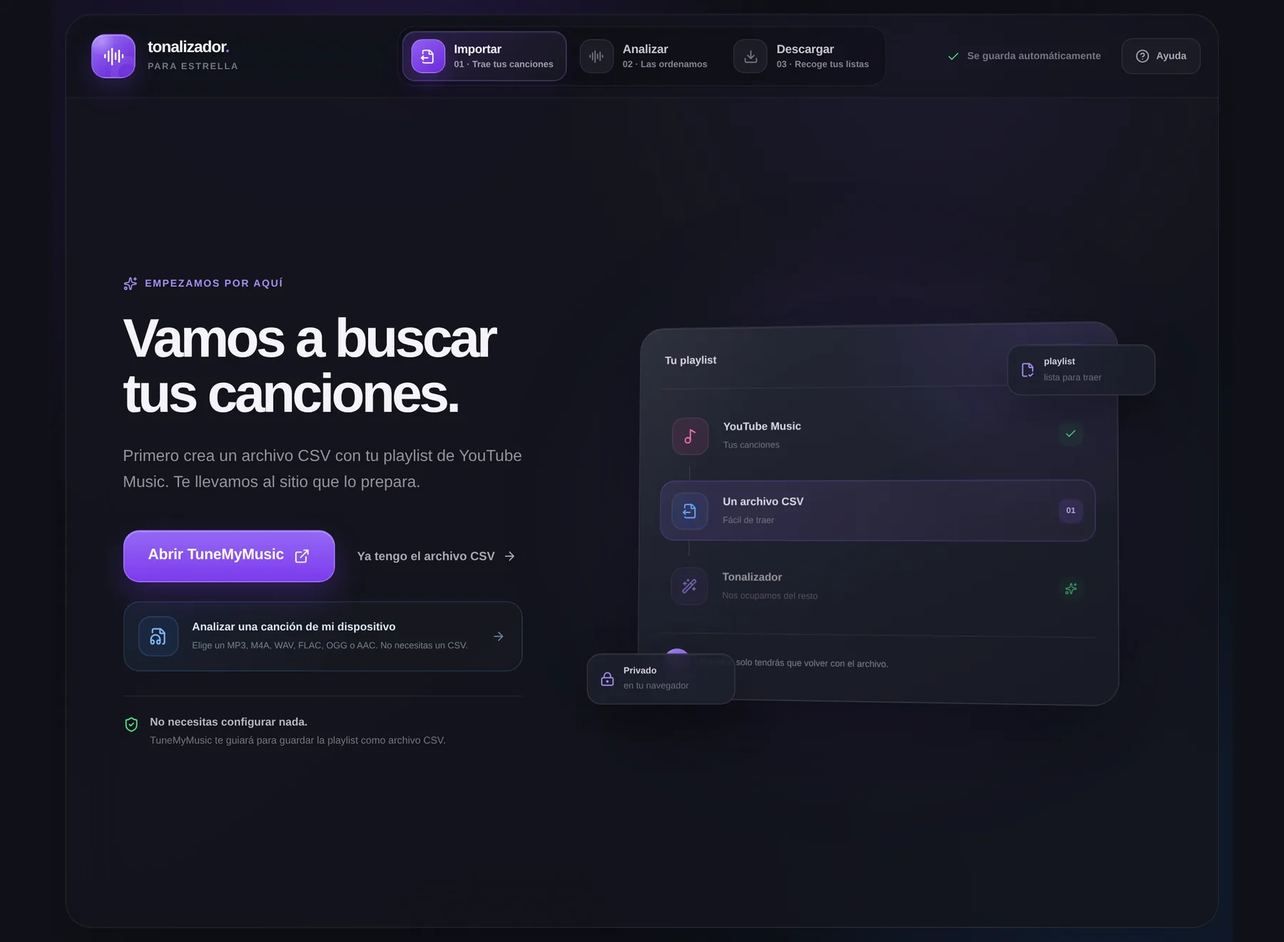 Pantalla Importar: botón Abrir TuneMyMusic, enlace Ya tengo el archivo CSV y opción Analizar una canción de mi dispositivo