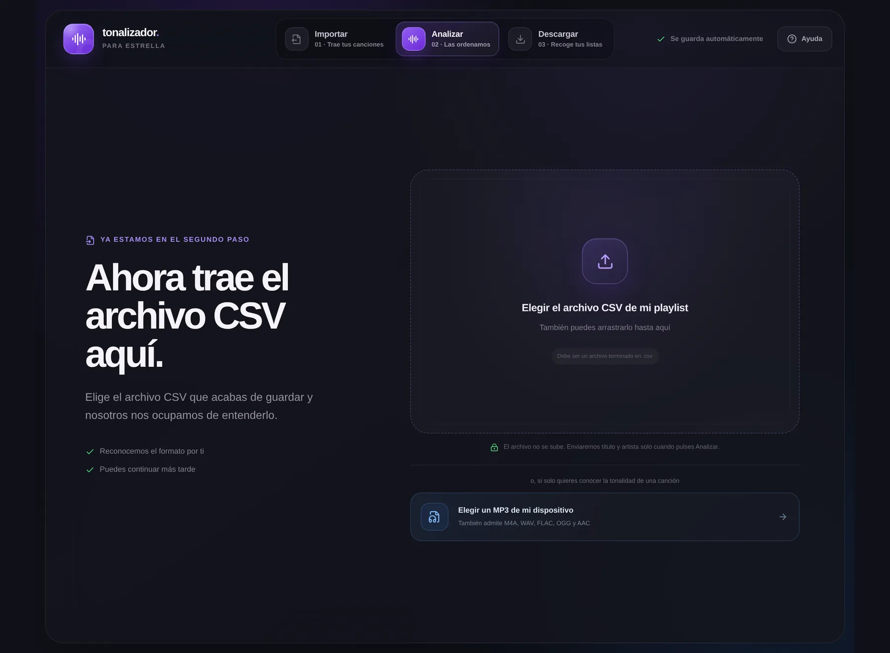 Pantalla Analizar antes de cargar nada: botón Elegir el archivo CSV de mi playlist