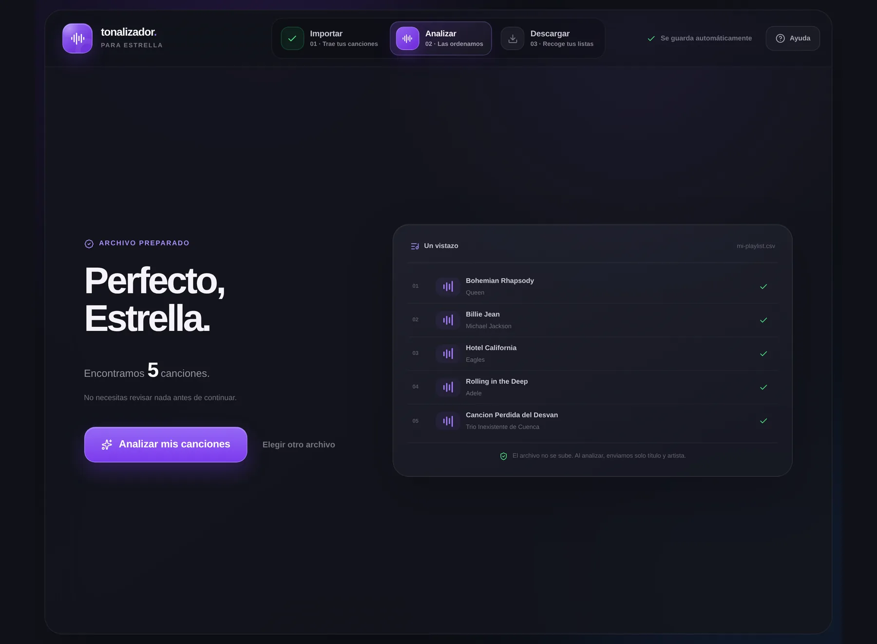 Vista previa del CSV cargado: Encontramos 5 canciones, lista Un vistazo y botón Analizar mis canciones