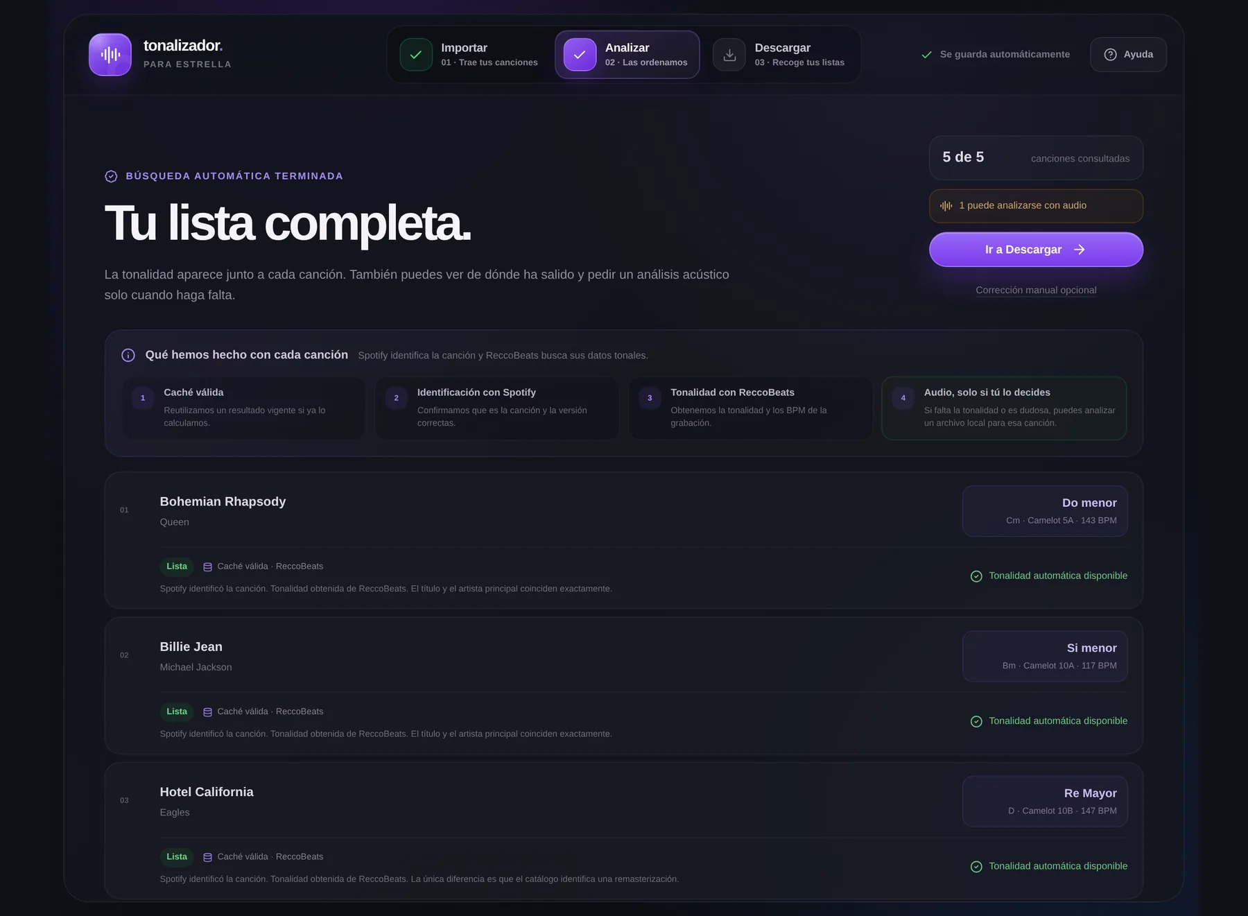 Resultados del análisis: tarjeta explicativa de la cadena de fuentes y filas con tonalidad, Camelot y BPM por canción