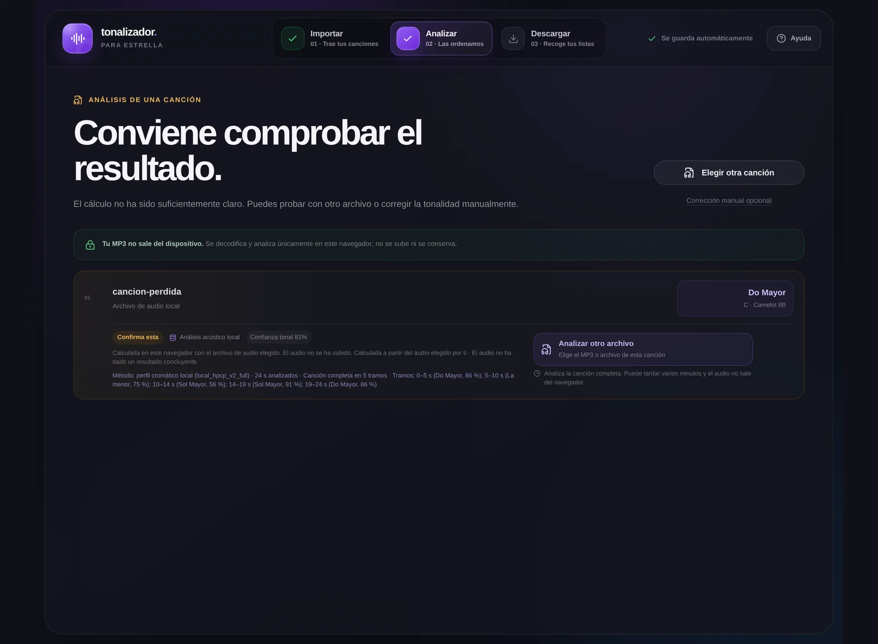 Resultado del análisis acústico local: Do Mayor, Camelot 8B, confianza tonal 81 %, método local_hpcp_v2_full con cinco tramos detallados