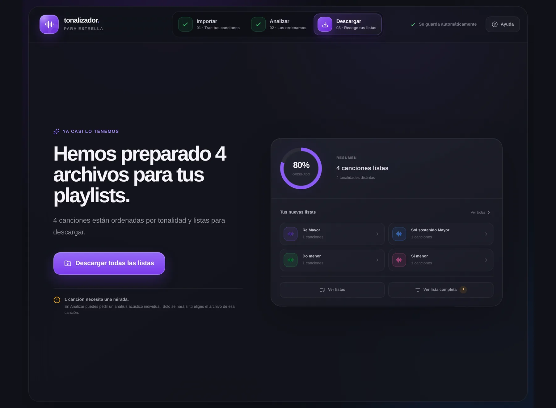 Pantalla Descargar: 80 % ordenado, listas por tonalidad y botón Descargar todas las listas